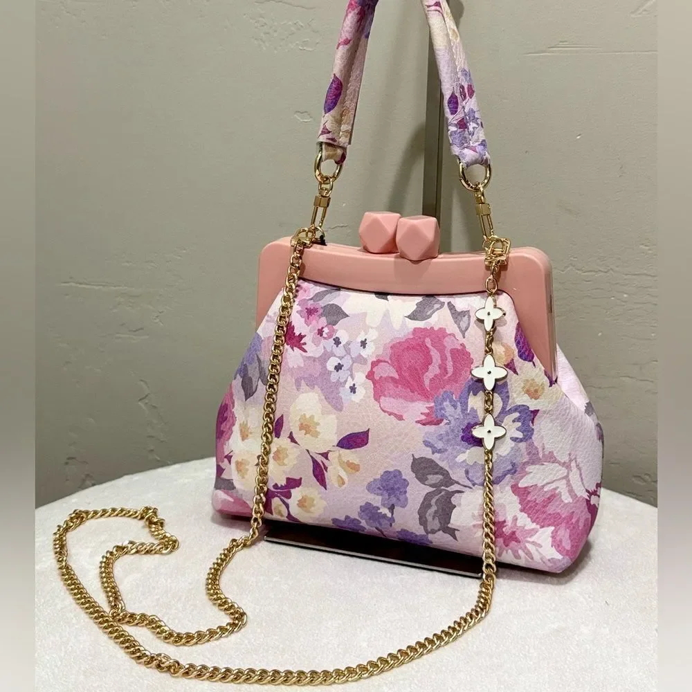 Floral Print Cowhide Leather Handmade Acrylic Frame Clutch Bag, 3 Straps Style